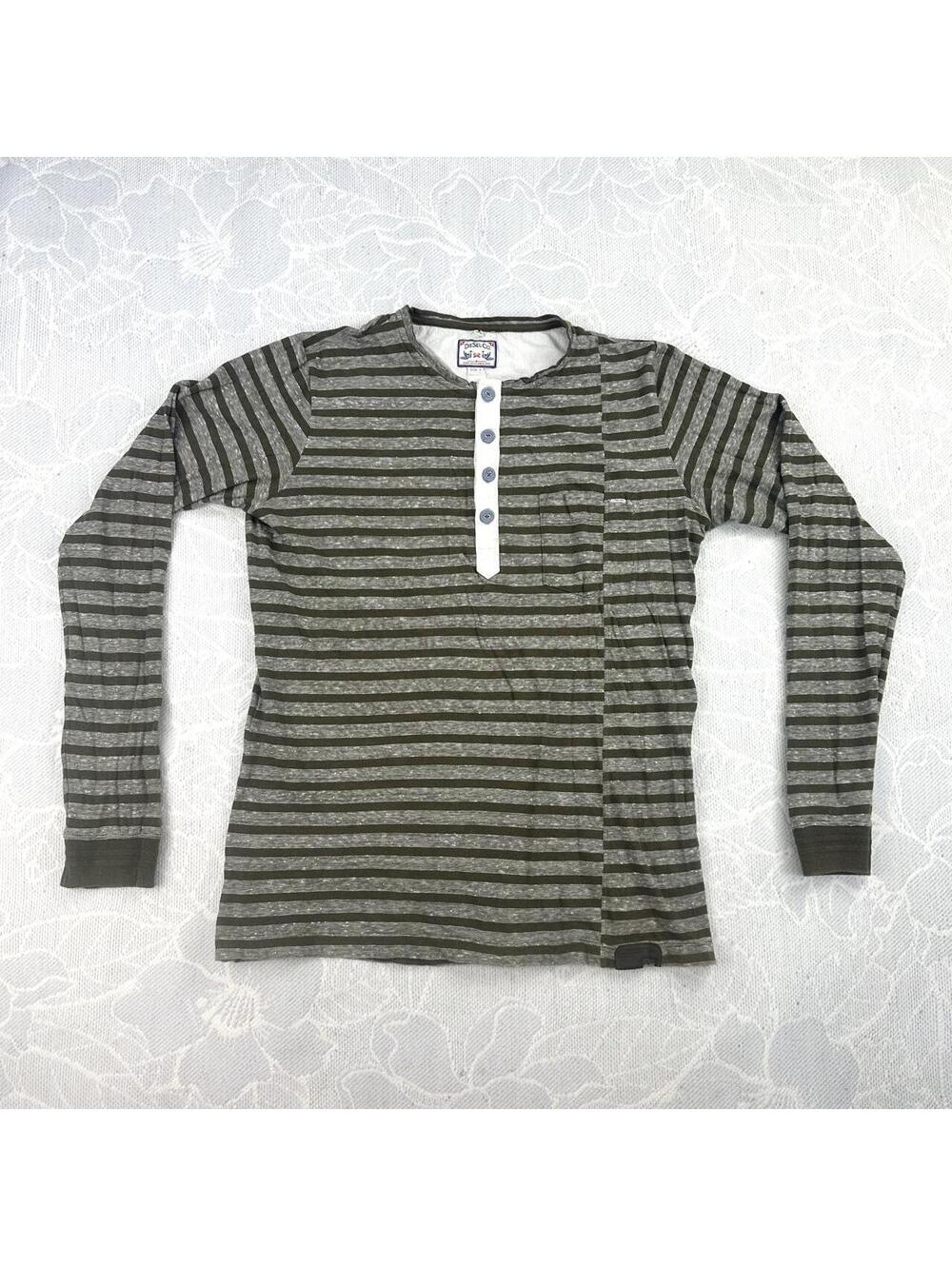 Diesel Vintage Olive Green Striped Long Sleeve Henley - Large